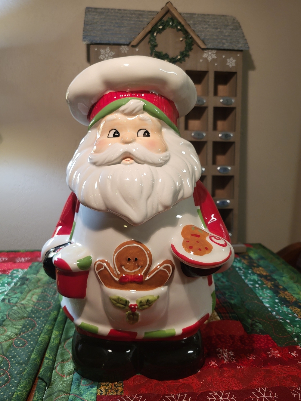 Vintage Sleigh Bell Bistro Ceramic Chef Santa Cookie Jar – Holiday Decor (As-Is)